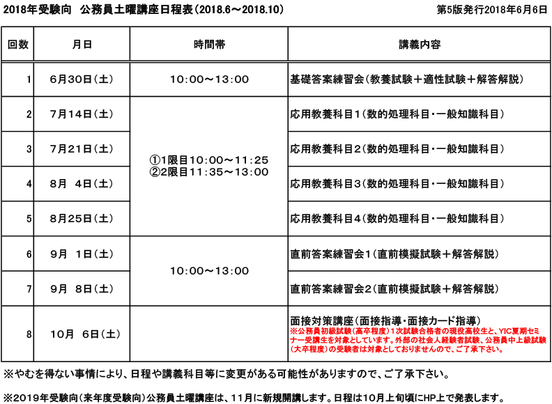 【2018年度受験】土曜講座のお知らせ（2018.6月～10月）