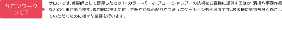 サロンでは、美容師として習得したカット・カラー・パーマ・ブロー・シャンプーの技術をお客様に提供するほか、清掃や事務作業などの仕事があります。専門的な技術に併せて細やかな心配りやコミュニケーションも不可欠です。お客様に気持ち良く過ごしていただくために様々な業務を行います。