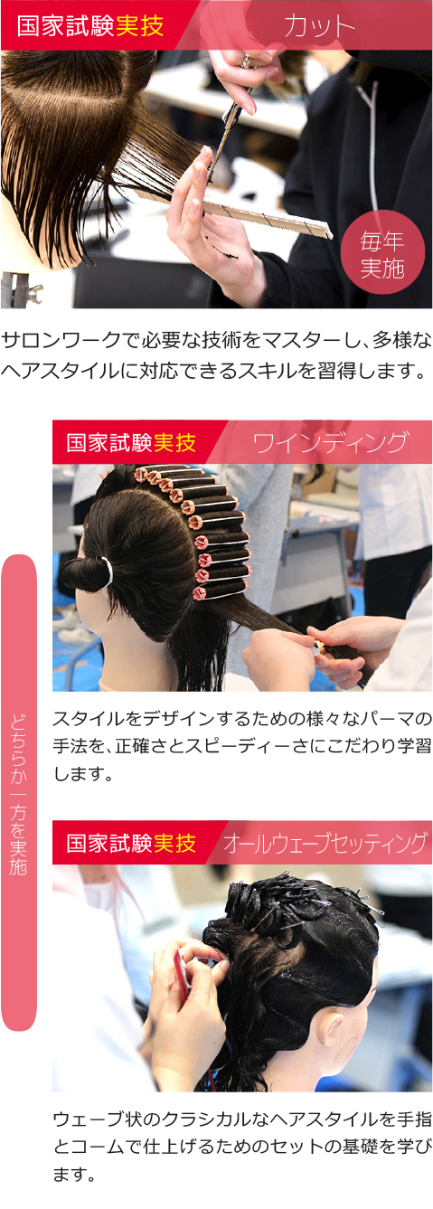 カット=サロンワークで必要な技術をマスターし、多様なヘアスタイルに対応できるスキルを習得します。ワインディング=スタイルをデザインするための様々なパーマの手法を、正確さとスピーディーさにこだわり学習します。オールウェーブセッティング=ウェーブ状のクラシカルなヘアスタイルを手指とコームで仕上げるためのセットの基礎を学びます。