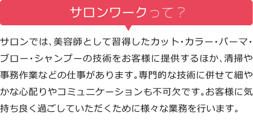 サロンでは、美容師として習得したカット・カラー・パーマ・ブロー・シャンプーの技術をお客様に提供するほか、清掃や事務作業などの仕事があります。専門的な技術に併せて細やかな心配りやコミュニケーションも不可欠です。お客様に気持ち良く過ごしていただくために様々な業務を行います。