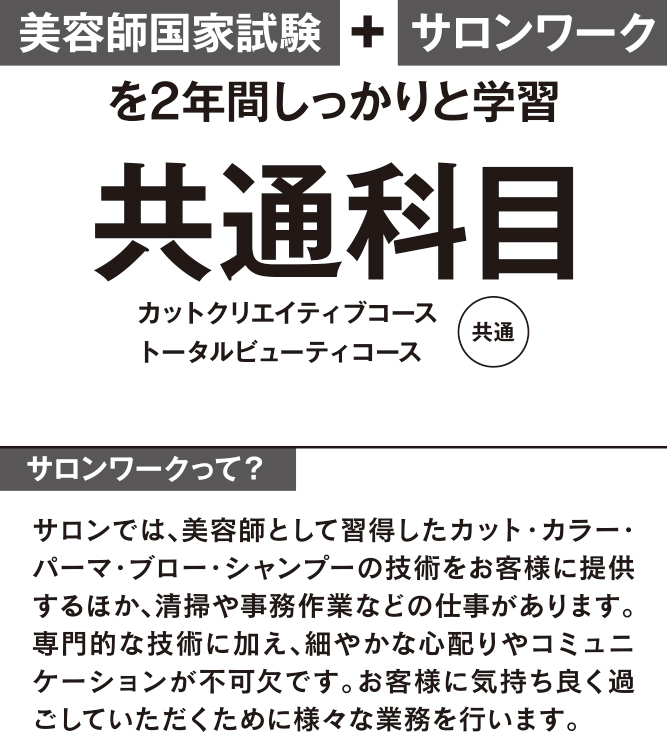 共通科目、美容師国家試験+サロンワークを2年間しっかりと学習