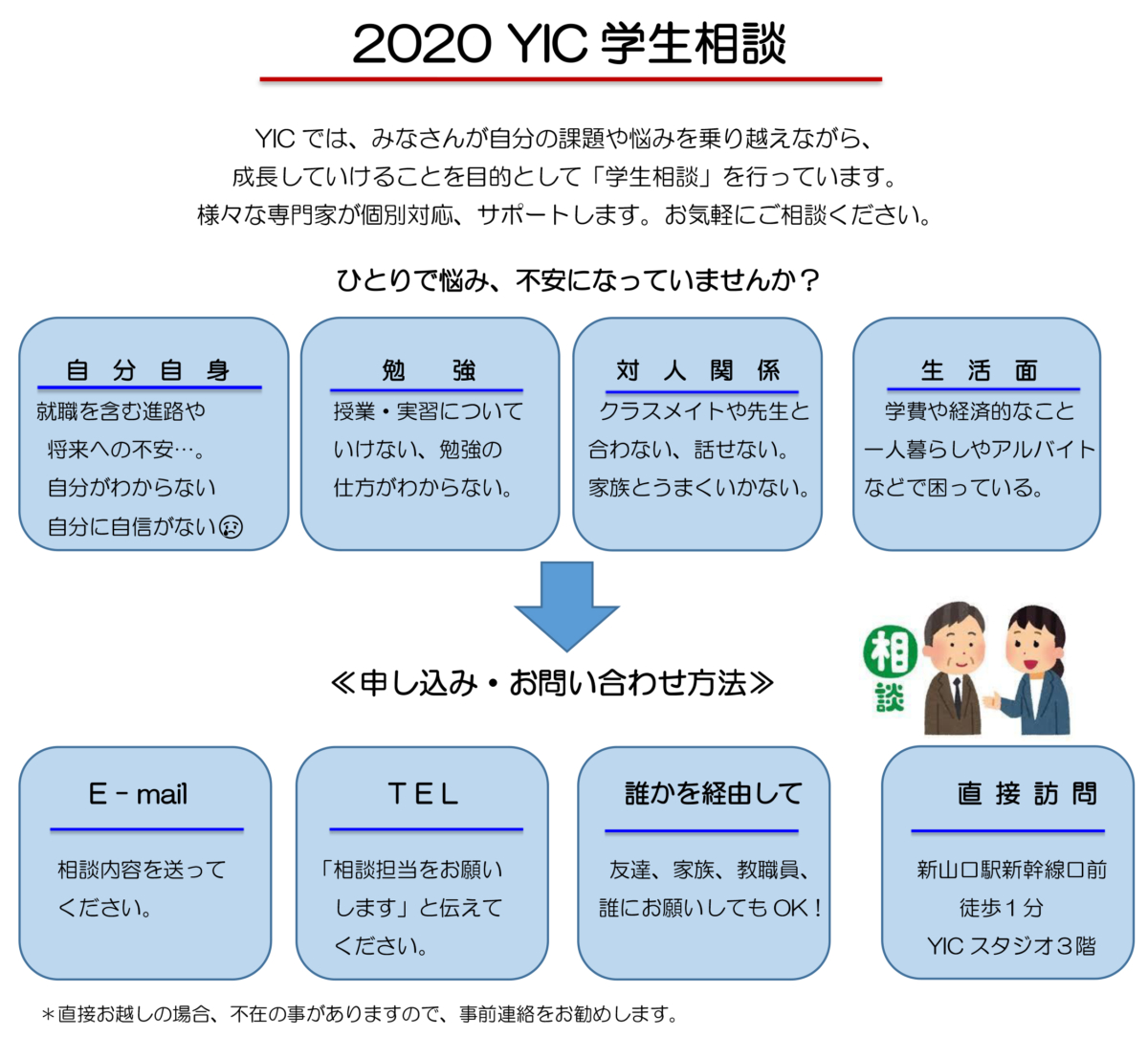 総合支援室より学生サポートについてのお知らせ Yicキャリアデザイン専門学校