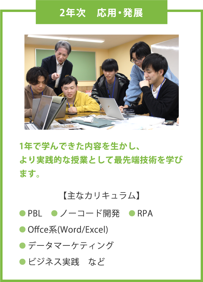 2年次　応用・発展   1年で学んできた内容を生かし、 より実践的な授業として最先端技術を学びます。  【主なカリキュラム】 ● PBL　● ノーコード開発　● RPA ● Offce系(Word/Excel) ● データマーケティング ● ビジネス実践　など