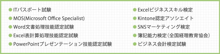 ● ITパスポート試験● MOS(Microsoft Office Specialist)● Word文書処理技能認定試験● Excel表計算処理技能認定試験● PowerPointプレゼンテーション技能認定試験● Excelビジネススキル検定● Kintone認定アソシエイト● SNSマーケティング検定● 簿記能力検定（全国経理教育協会）● ビジネス会計検定試験