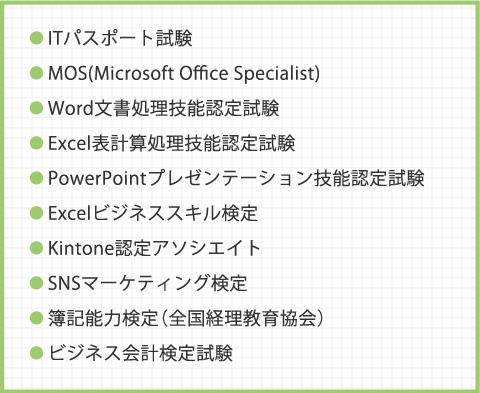 ● ITパスポート試験● MOS(Microsoft Office Specialist)● Word文書処理技能認定試験● Excel表計算処理技能認定試験● PowerPointプレゼンテーション技能認定試験● Excelビジネススキル検定● Kintone認定アソシエイト● SNSマーケティング検定● 簿記能力検定（全国経理教育協会）● ビジネス会計検定試験