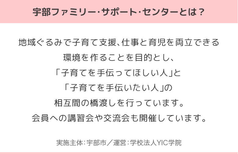 宇部ファミリー・サポート・センターとは？地域ぐるみで子育て支援、仕事と育児を両立できる環境を作ることを目的とし、「子育てを手伝ってほしい人」と「子育てを手伝いたい人」の相互間の橋渡しを行っています。会員への講習会や交流会も開催しています。